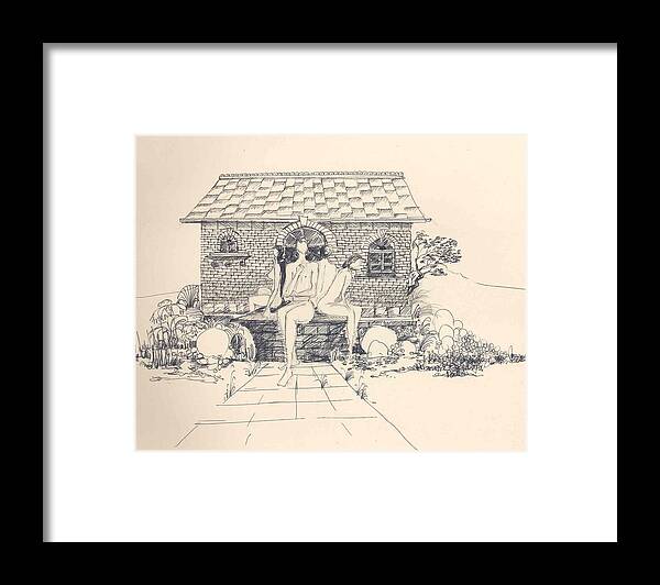 Nudes Framed Print featuring the drawing Nudes some rocks and a cottage by Padamvir Singh