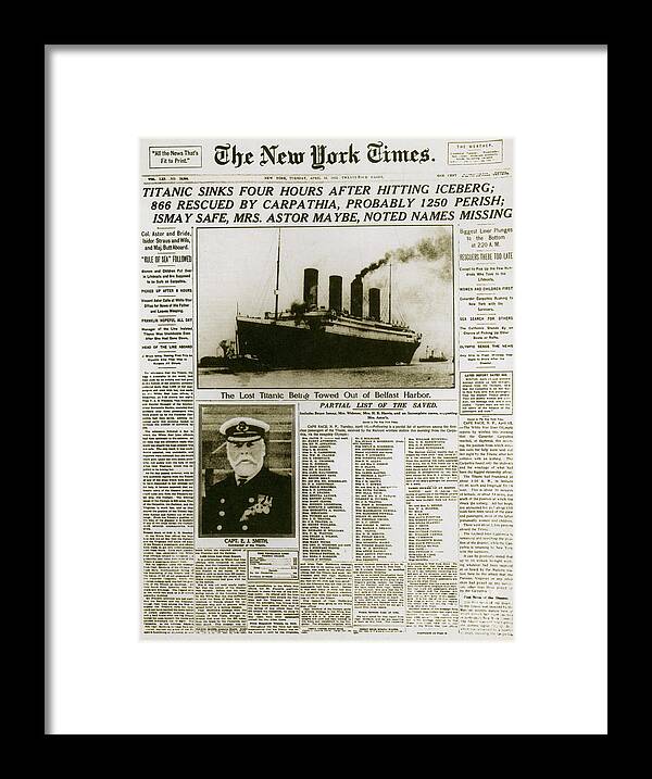 Titanic Framed Print featuring the photograph Ny Times, Sinking Of The Titanic, 1912 by Photo Researchers