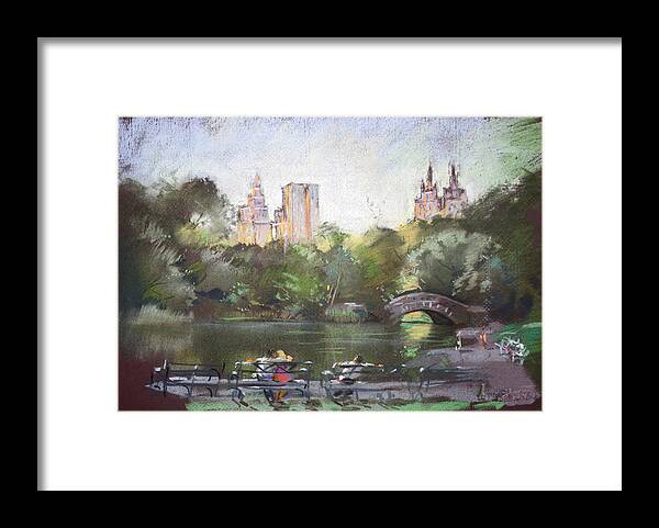 Ny City Framed Print featuring the pastel NYC Resting in Central Park by Ylli Haruni