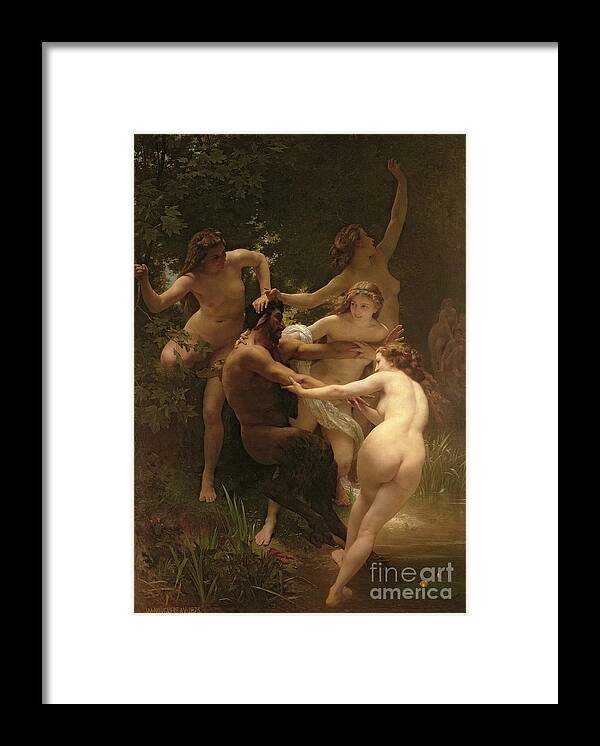 Nymphs And Satyr Framed Print featuring the painting Nymphs and Satyr by William Adolphe Bouguereau