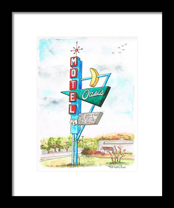 Oasis Motel Framed Print featuring the painting Oasis Motel in Route 66, Tulsa, Texas by Carlos G Groppa