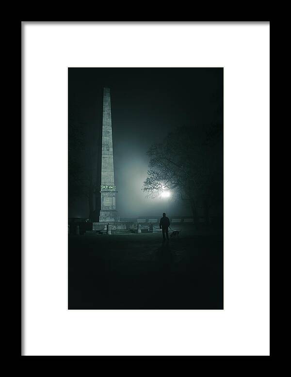 Jenny Rainbow Fine Art Photography Framed Print featuring the photograph Obelisk. Misty Nights in Brno by Jenny Rainbow