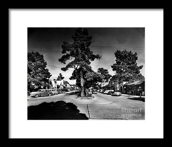 Ocean Avenue Framed Print featuring the photograph Ocean Avenue at Lincoln St - Carmel-By-The-Sea, CA Cirrca 1941 by Monterey County Historical Society