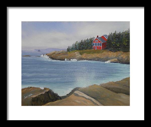 Seascape Landscape Water Cottage Home Rocks Coast Maine Bristol Waves Trees Framed Print featuring the painting Ocean Cottage by Scott W White