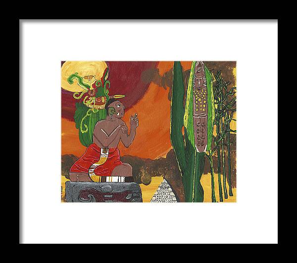 Aztec Framed Print featuring the painting October  Priest Receives Corn by Paul Fields