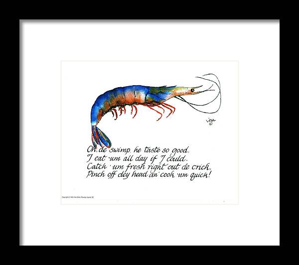 Gullah Shrimp Verse Framed Print featuring the painting Oh de swimp by Vida Miller