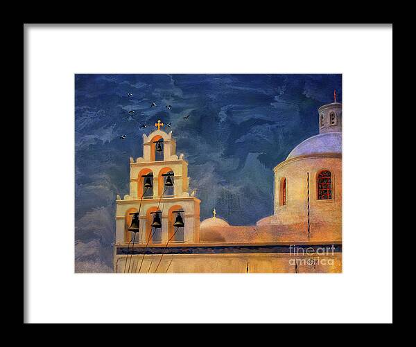 Church Framed Print featuring the digital art Oia Sunset Imagined by Lois Bryan