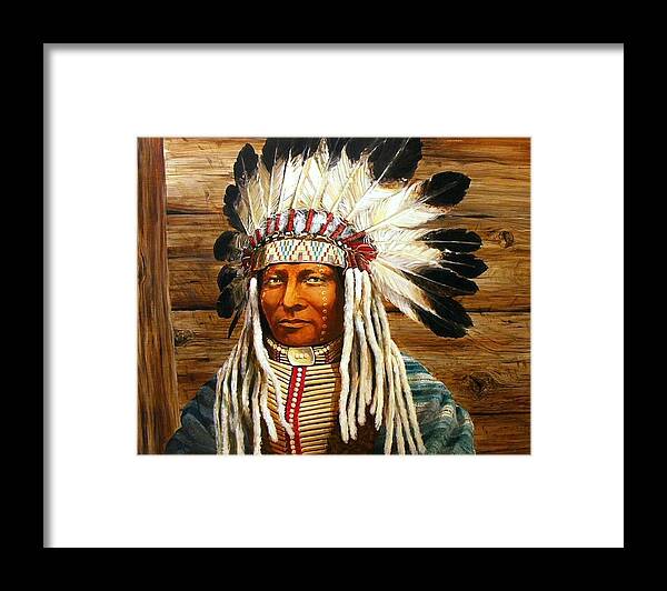 Head Dress Framed Print featuring the painting Full Head Dress by Perry's Fine Art