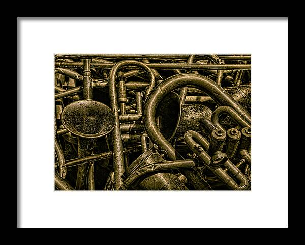 Old Framed Print featuring the photograph Old Brass Musical Instruments by David Gordon