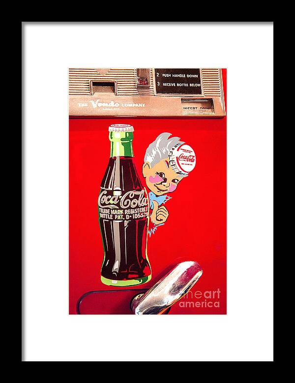 Old Coca-cola Red White Coke Machine Vintage Vendo Model 44 Fine Art Photography Print Framed Print featuring the photograph Old Coca-Cola red and white Coke Machine Vintage Vendo Model 44 by Jerry Cowart