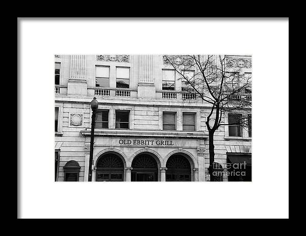 Washington D.c. Framed Print featuring the photograph Old Ebbitt Grill Facade Black and White by Marina McLain