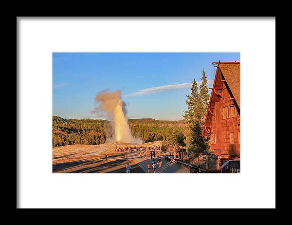 Hot Springs Framed Print featuring the photograph Old Faithful Geyser Evening by Kevin Craft