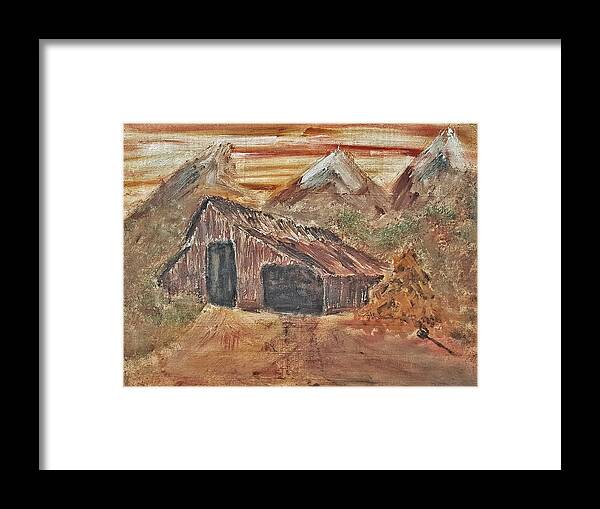 Old Farmhouse Framed Print featuring the painting Old Farmhouse with Hay stack in a snow capped mountain range with tractor tracks gouged in the soft by MendyZ