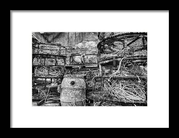 Oregon Framed Print featuring the photograph Old Fishing Gear in Black and White by Paul Quinn