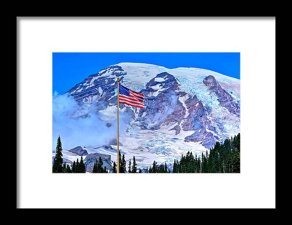 Mt. Rainier National Park Framed Print featuring the photograph Old Glory at Mt. Rainier by Don Mercer