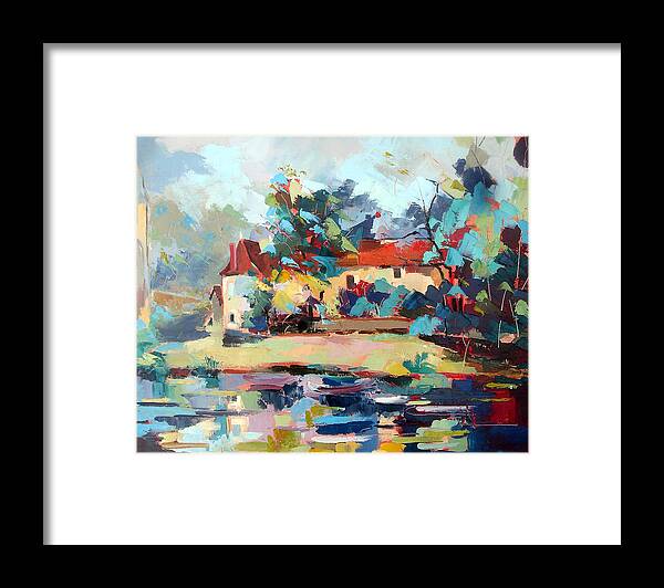  Framed Print featuring the painting Old houses at Angles sur Anglin by Kim PARDON