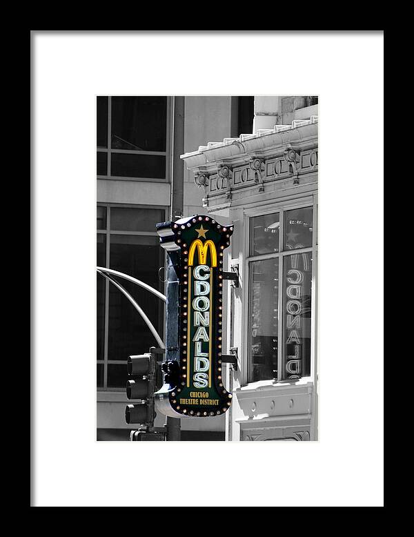 Mcdonalds Framed Print featuring the photograph Old McDonalds Sign in Downtown Chicago Selective Coloring by Colleen Cornelius
