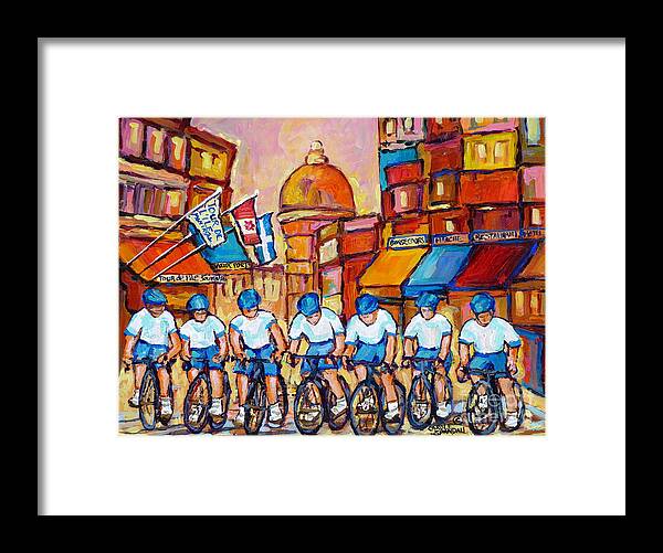 Montreal Framed Print featuring the painting Old Montreal Bike Race Tour De L'ile Canadian Scene Painting Montreal Art Carole Spandau       by Carole Spandau