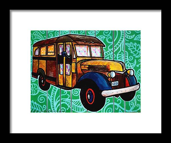 Bus Framed Print featuring the painting Old Rusted School Bus with Quilted Windows by Jim Harris