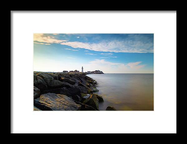 Old Scituate Light Lighthouse House Rocky Jetty Breakwater Break Water Atlantic Ocean Oceanside Sea Seaside Sky Cloud Cloudy Clouds Rocks Boulders Newengland New England Brian Hale Brianhalephoto Long Exposure Longexposure Framed Print featuring the photograph Old Scituate Light 1 by Brian Hale