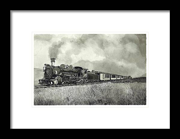 Pen And Ink Framed Print featuring the drawing Old Steam Train by Jonathan Baldock