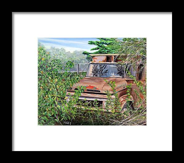 Old Truck Framed Print featuring the painting Old truck rusting by Marilyn McNish