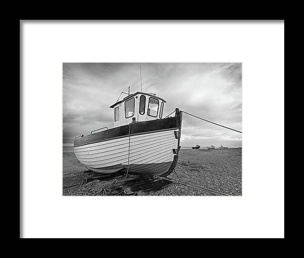 Old Fishing Boat Framed Print featuring the photograph Old Wooden Fishing Boat in Black and White by Gill Billington