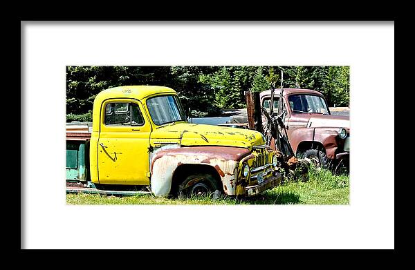 Train Framed Print featuring the photograph Old Yellow Farm Truck by Amy McDaniel