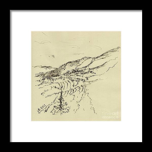 Georgioupolis Framed Print featuring the drawing Olive hills by Karina Plachetka