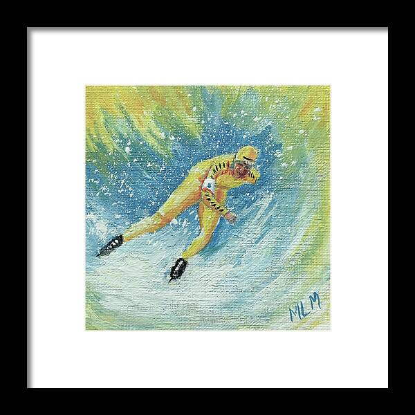 Yellow Framed Print featuring the painting Olympic Speed Skater by ML McCormick