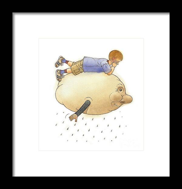 Clouds Sky Flying Boy White Blue Rain Framed Print featuring the painting On a Cloud by Kestutis Kasparavicius