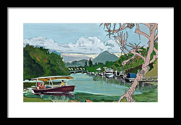 Noosa Sunshine Coast Subtropical T-boats Mt Cooroy  Australia Boating Pandanus Witta Circle Framed Print featuring the painting On Noosa Sound by Joan Cordell