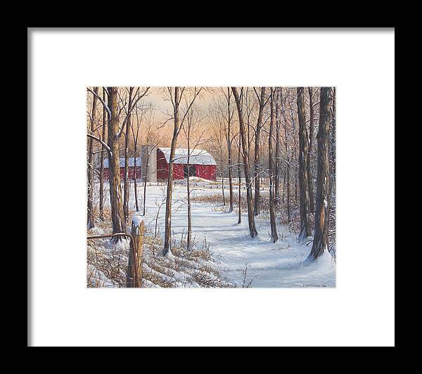 Landscape Framed Print featuring the painting On that Snowy Morn by Jake Vandenbrink