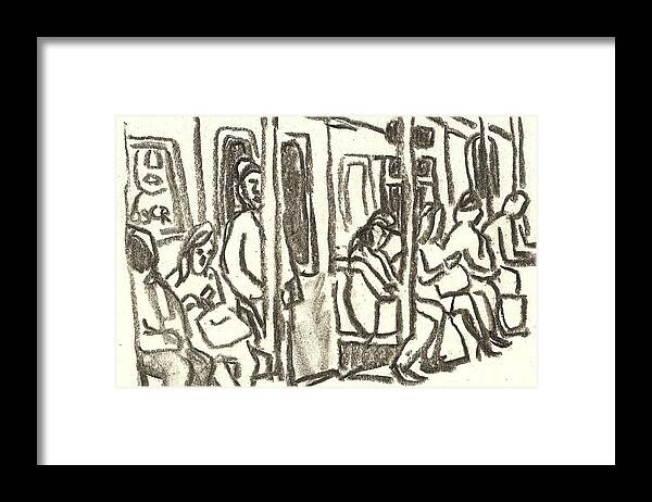 Subway Framed Print featuring the drawing On the C train, NYC by Thor Wickstrom