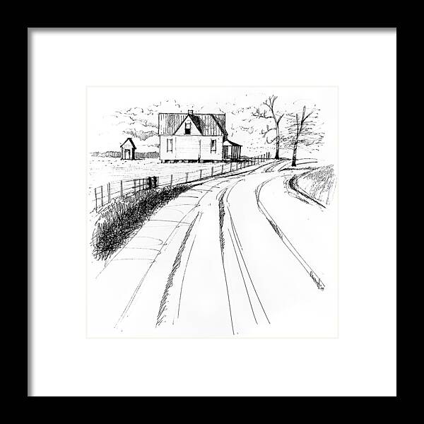 Landscape Framed Print featuring the drawing On the County Line by Peter Muzyka