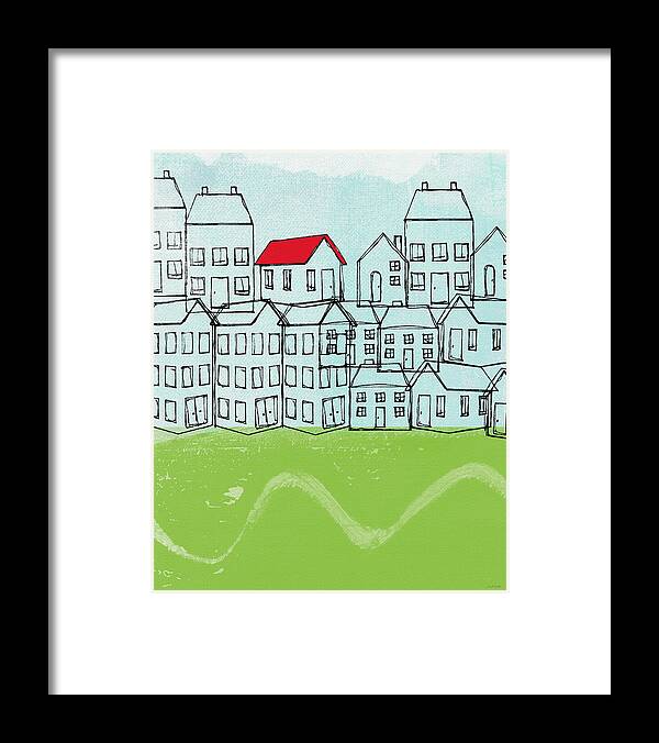 Abstract Landscape Framed Print featuring the painting One Red Roof by Linda Woods