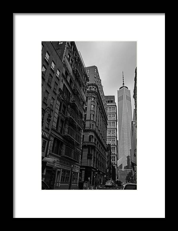 New Framed Print featuring the photograph One World Trade Center New York NY From Nassau Street Black and White by Toby McGuire