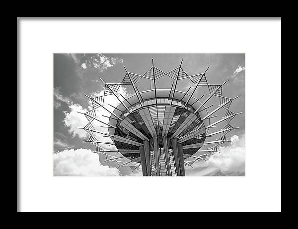 University Framed Print featuring the photograph Prayer Tower In The Clouds - Tulsa Oklahoma Monochrome by Gregory Ballos