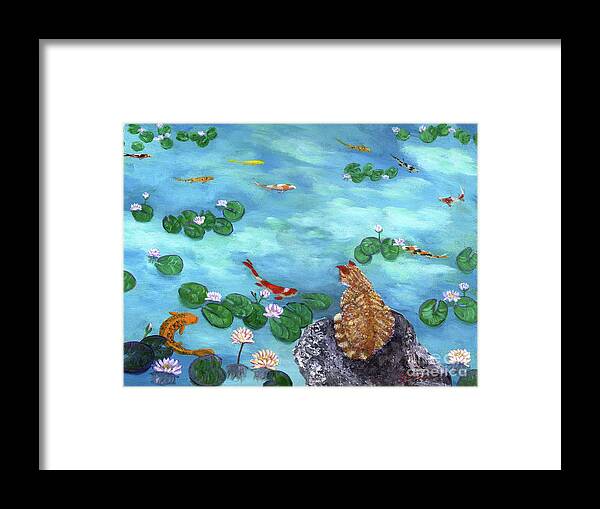 Orange Framed Print featuring the painting Orange Cat at Koi Pond by Laura Iverson