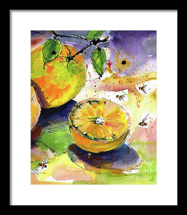 Fruit Framed Print featuring the painting Oranges Fruit 2 Watercolor Paintings by Ginette Callaway