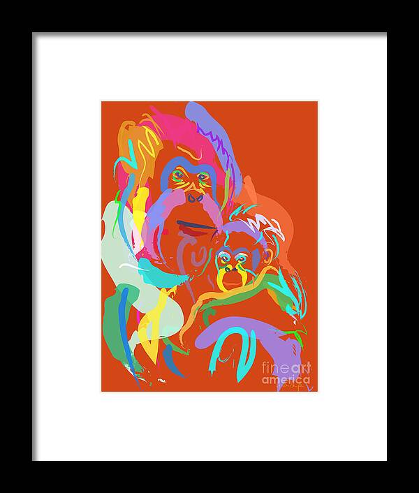 Orangutan Art Framed Print featuring the painting Orangutan mom and baby by Go Van Kampen