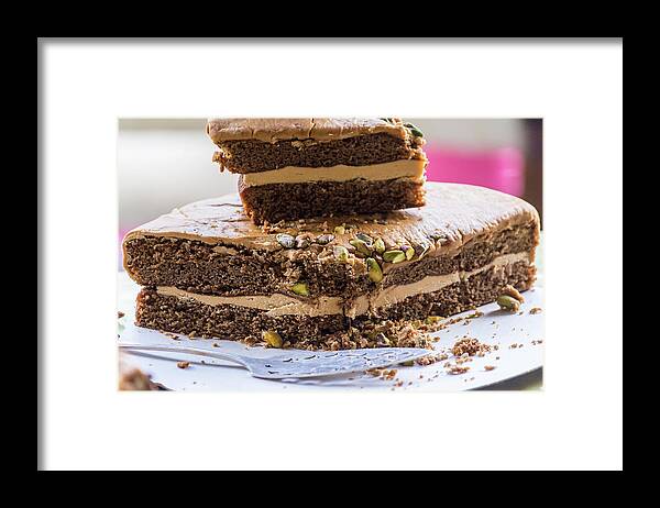 Baked Framed Print featuring the photograph Organic Coffee and Pistachio Cake A by Jacek Wojnarowski