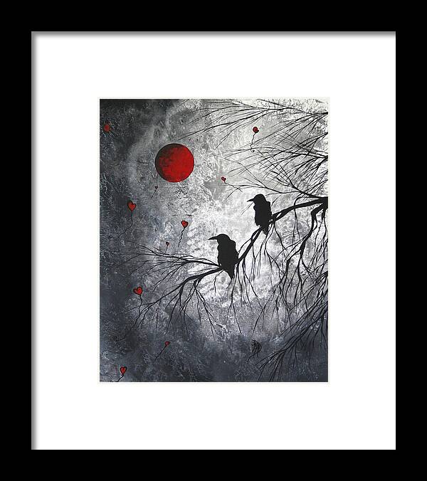Birds Framed Print featuring the painting Original Abstract Surreal Raven Red Blood Moon Painting The Overseers by MADART by Megan Aroon