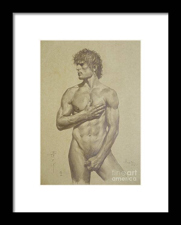 Drawing Framed Print featuring the drawing Original Artwork Drawing Sketch Male Nude Man On Brown Paper#16-6-16-03 by Hongtao Huang