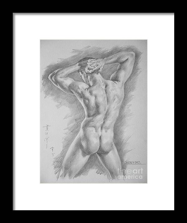 Charcoal Framed Print featuring the drawing Original Charcoal Drawing Art Male Nude On Paper #16-3-11-25 by Hongtao Huang
