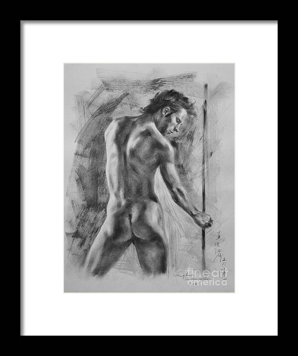 Drawing Framed Print featuring the drawing Original Charcoal Drawing Art Male Nude On Paper #16-3-11-37 by Hongtao Huang