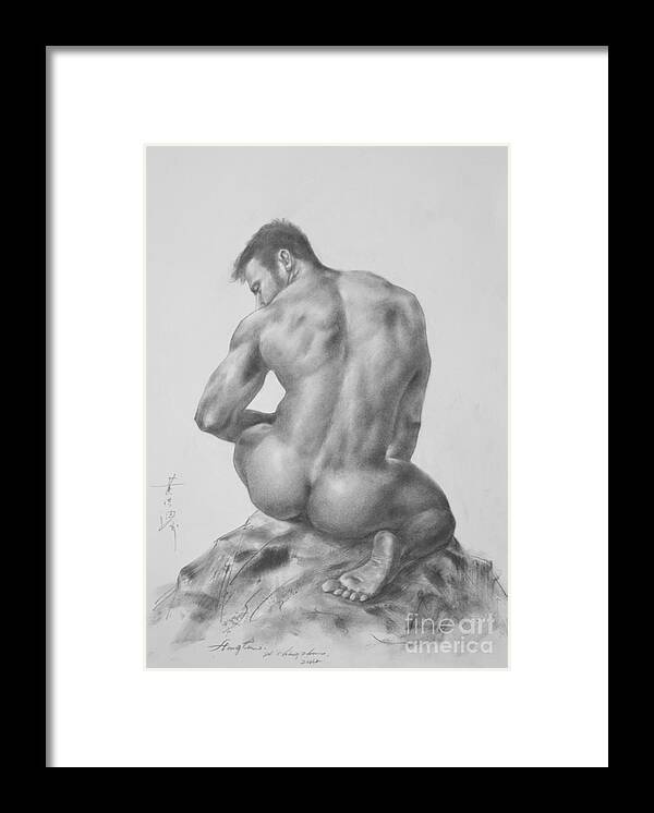 Original Art Framed Print featuring the drawing Original Charcoal Drawing Art Male Nude On Paper #16-3-18-04 by Hongtao Huang