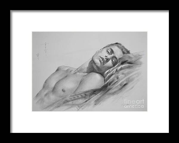 Original Art Framed Print featuring the drawing Original Drawing Art Male Nude Men Gay Interest Boy On Paper #11-02-01 by Hongtao Huang