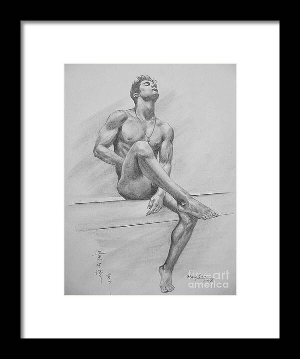 Original Art Framed Print featuring the drawing Original Drawing Charcoal Male Nude Boy Man On Paper #16-3-29-01 by Hongtao Huang