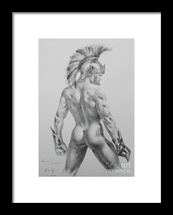 Original Art Framed Print featuring the drawing Original Drawing Sketch Charcoal Chalk Male Nude Gay Interst Man Art Pencil On Paper -0040 by Hongtao Huang